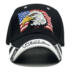 Black cotton baseball cap with embroidered American eagle flag and USA logo on the brim