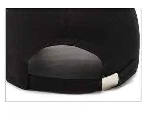 Detail view of cotton baseball cap with adjustable metal buckle and strap on the back