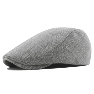 Classic grey herringbone cotton beret hat for men with metal buckle adjustment