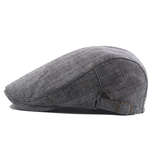 Classic grey herringbone cotton flat cap for men featuring adjustable side metal buckle