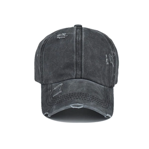Distressed dark grey washed cotton ponytail baseball cap with vintage streetwear style