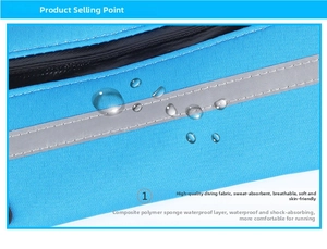 Detail of waterproof polymer sponge layer on blue running waist bag showing water resistance
