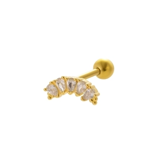 Close-up of curved gold stud with five pear-cut zircons and ball screw back closure