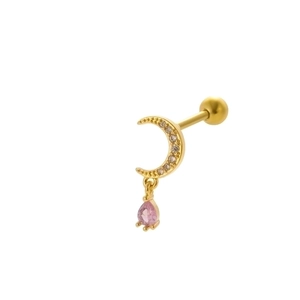 Detail of gold crescent ear stud with pink pear-cut stone and screw ball back