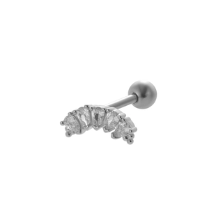 Macro shot of 5 pear-cut zircon stones on a stainless steel curved helix stud earring