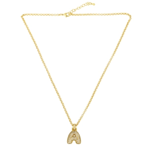 Pave crystal bubble letter A pendant necklace in gold finish with adjustable chain