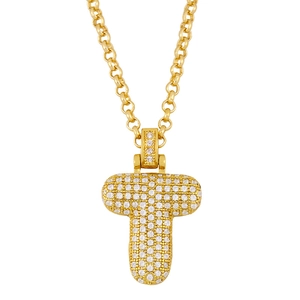 Detailed view of a gold-plated letter T pendant encrusted with pavé crystals on a rolo chain