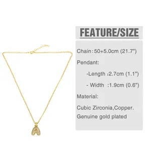 Detailed size chart showing bubble letter A pendant dimensions and necklace chain length