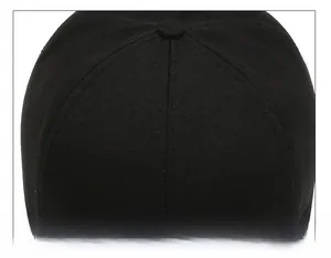 Detail shot of the six-panel stitched crown and top button of a black cotton baseball cap