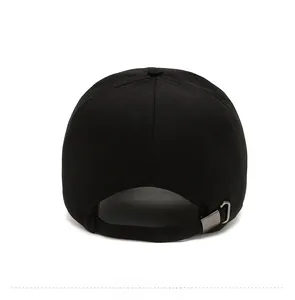 Detail view of cotton baseball cap back with adjustable metal buckle and black fabric