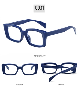Three-view display of navy blue chunky square sunglasses including front and side views