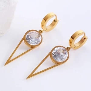 Golden stainless steel hoop earrings featuring geometric triangles and zircon crystals