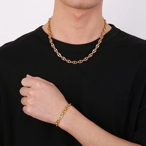 Golden titanium steel coffee bean chain necklace and bracelet set for men and women