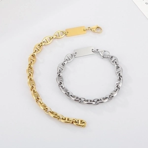 Polished titanium steel H-link chain necklaces with blank engravable metal plaques