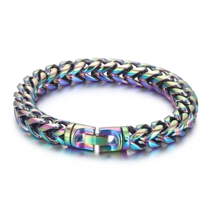 Rainbow-plated stainless steel keel link bracelet with a secure clasp on white background