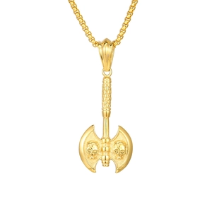 Punk style gold skull double-edged axe pendant necklace with box chain for men