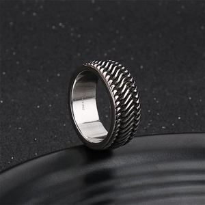 Industrial style men's silver titanium steel ring with textured gear wheel pattern