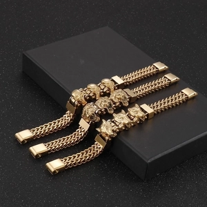 Gold stainless steel men's double chain bracelets with skull, lion, and wolf heads