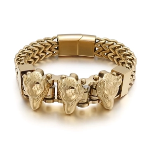 Mens gold wolf head stainless steel braided link bracelet with magnetic clasp closure