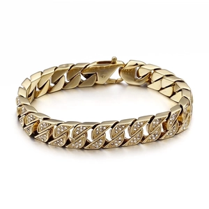 Bold golden Cuban link bracelet with half iced-out diamonds and half polished metal