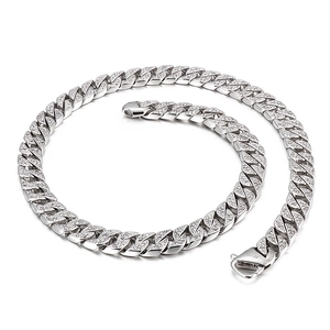 Hip hop silver Cuban link necklace with full diamond inlay and secure folding clasp