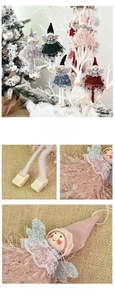 Close-up of plush velvet fabrics, wooden feet, and lace details on angel ornaments