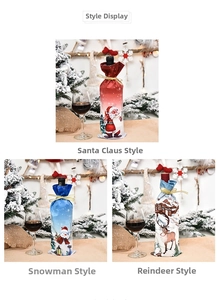 Three festive Christmas wine bottle covers featuring Santa, Snowman and Reindeer designs
