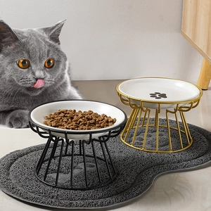 Nordic elevated ceramic pet bowls with gold and black metal stands for cat neck protection
