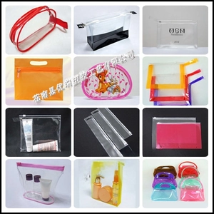 Collection of transparent PVC storage bags with various colorful zippers and hand straps