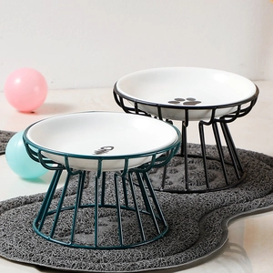 Elevated Cat Bowl Ceramic Raised Pet Food Water Dish With Iron Metal Stand Neck Protection For Cats And Dogs
