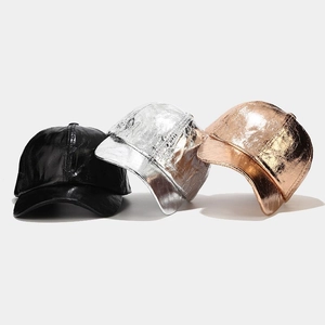 Three metallic textured baseball caps in black, silver, and rose gold with wrinkled PU finish
