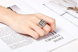 Detail of vintage wide rectangular 304 stainless steel ring with multi-row zircon inlays