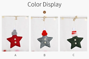 Detailed color display of star ornaments with knitted hats and wooden button accents