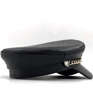 Black PU leather baker boy hat featuring a decorative gold chain and metal side buttons