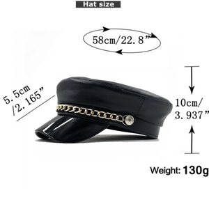 Detailed size chart of black PU leather hat with chain showing 58cm head circumference