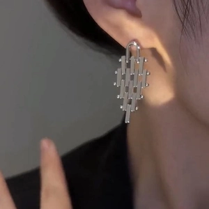 Silver geometric trapezoid tiered fringe earrings for women with minimalist metal style
