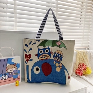 Bohemian jacquard canvas tote bag with elephant and owl embroidery for women