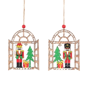 Wooden Christmas nutcracker pendants set with festive tree and gift box ornaments