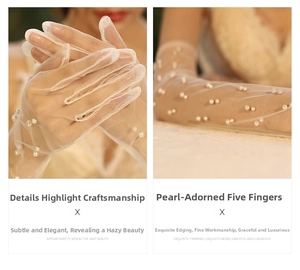 Detail of bridal tulle gloves with elegant pearls in creamy white for weddings