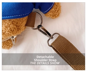 Close-up of a brown teddy bear bag showing the detachable strap and metal hook