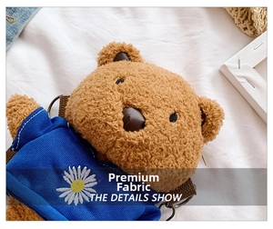 Detail showing high-quality teddy plush fabric and daisy embroidery on small bear bag