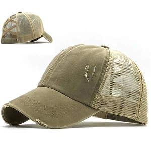 Khaki distressed ponytail baseball cap with criss-cross elastic bands and mesh back