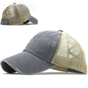 Detail of cross elastic back on a washed vintage ponytail baseball cap for high messy buns