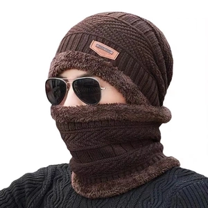 Men winter knit beanie hat and neck warmer set with thick fleece lining in dark brown