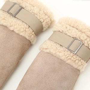 Beige suede thermal winter gloves for women with faux fur trim and metal buckle detail