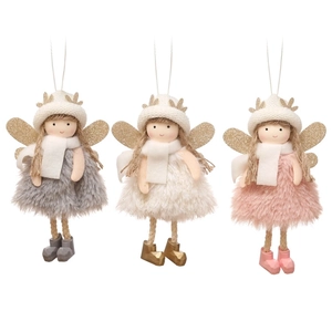Three plush Christmas angel pendants with gold antlers in grey, beige and pink colors