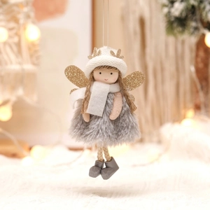 Christmas angel doll pendant with white knit hat, gold antlers and plush grey dress