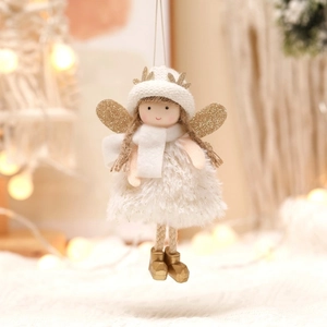 White plush Christmas angel ornament with gold glitter wings and a knitted hat