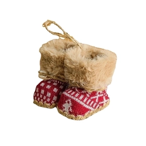 Red knit Christmas boot ornament with Nordic patterns and faux fur trim for holiday trees