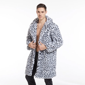 Men's faux fur long coat with luxury leopard pattern and notched lapel in white and black